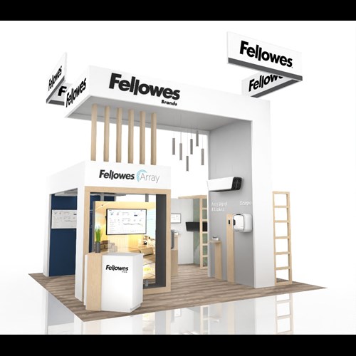 20' x 20' Island Exhibit with Cantilever Ceiling and Custom Accents