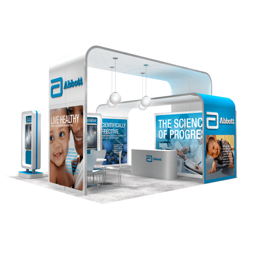 20' x 20' Island Exhibit Rental with Tiered Canopies and Kiosks