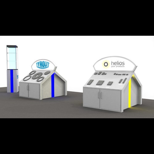 60" x 68" Custom Kiosk with Angled Shelves and Curved Headers