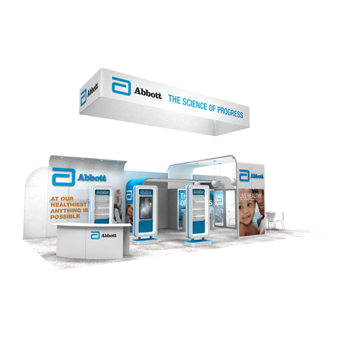 20' x 40' Island Display with Rounded Kiosks & Canopies