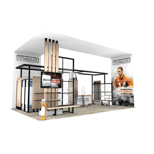 20' x 40' Island Exhibit with Vertical Wood Planks & Canopy