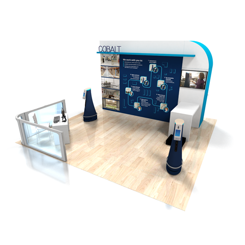 20' x 20' Rental Island Exhibit With Curved Accent Wall and Canopies