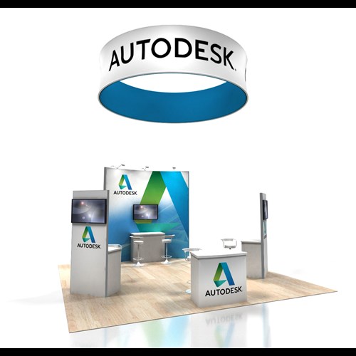 20' x 20' Rental Exhibit with Curved Tower Wall and Demo Stations