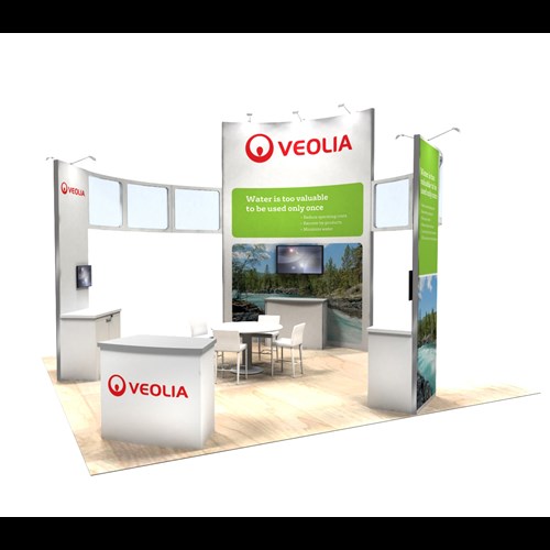 20' x 20' Rental Exhibit with Curved Tower and Demo Kiosks 