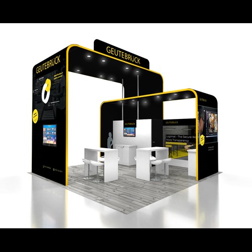 20' x 20' Island Exhibit with Tiered Canopies and 360 Branding